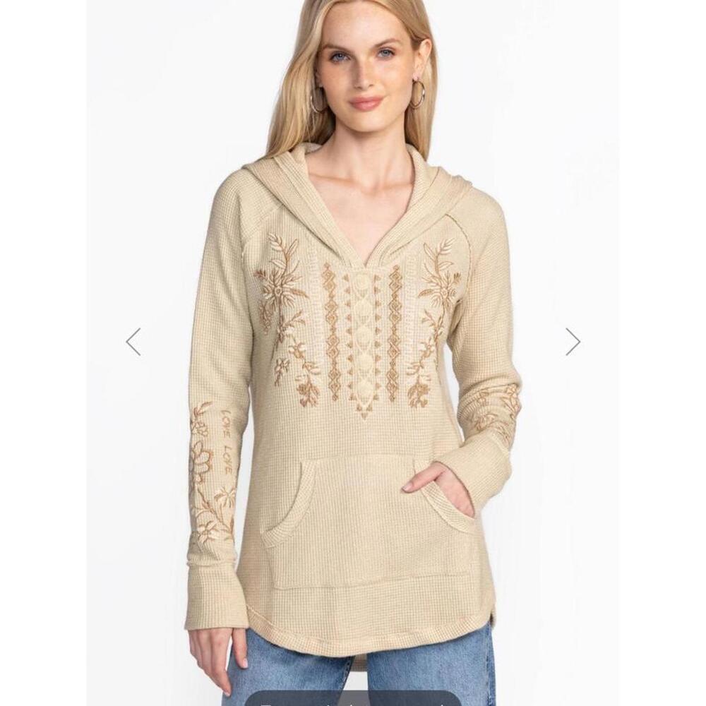 NWOT Johnny Was Beige metallic waffle hooded Pullover Floral Embroidery xl